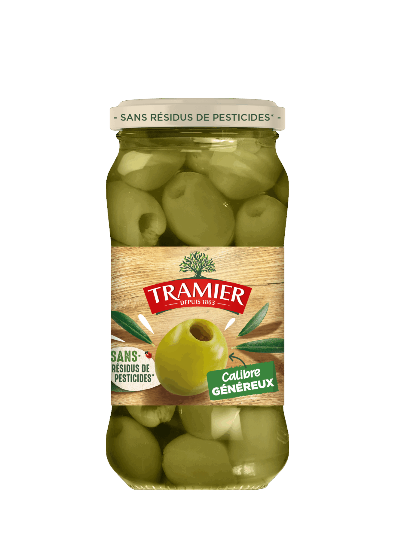 Olives vertes dénoyautées calibre généreux Sans Résidus de Pesticides* Tramier