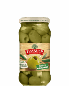 Olives vertes dénoyautées calibre généreux Sans Résidus de Pesticides* Tramier