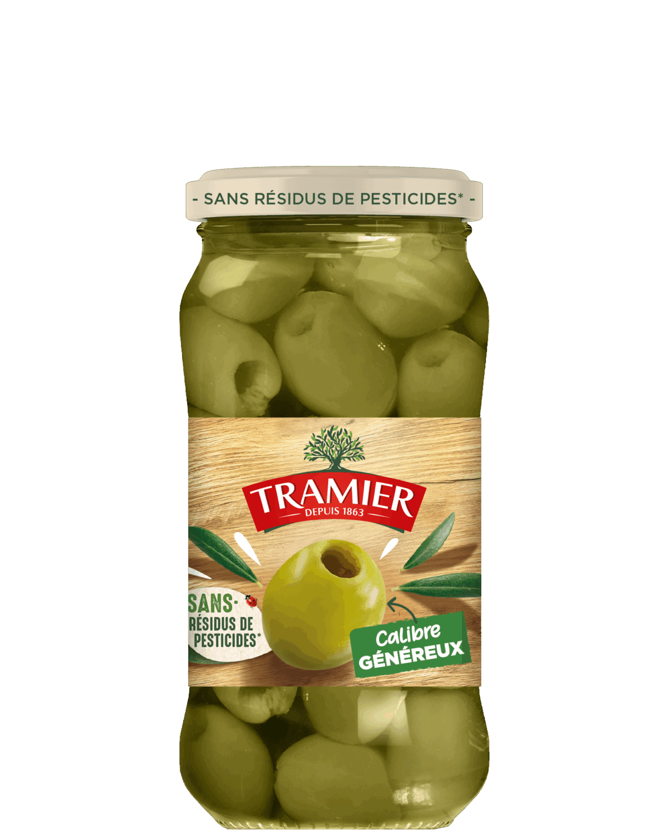Olives vertes dénoyautées calibre généreux Sans Résidus de Pesticides* Tramier